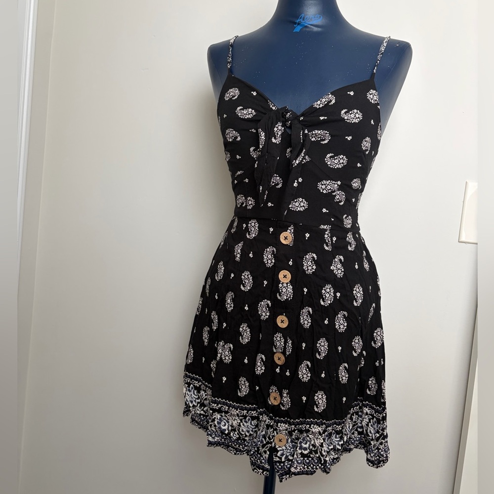 Black Floral Button-Front Sundress with Tie Bodice